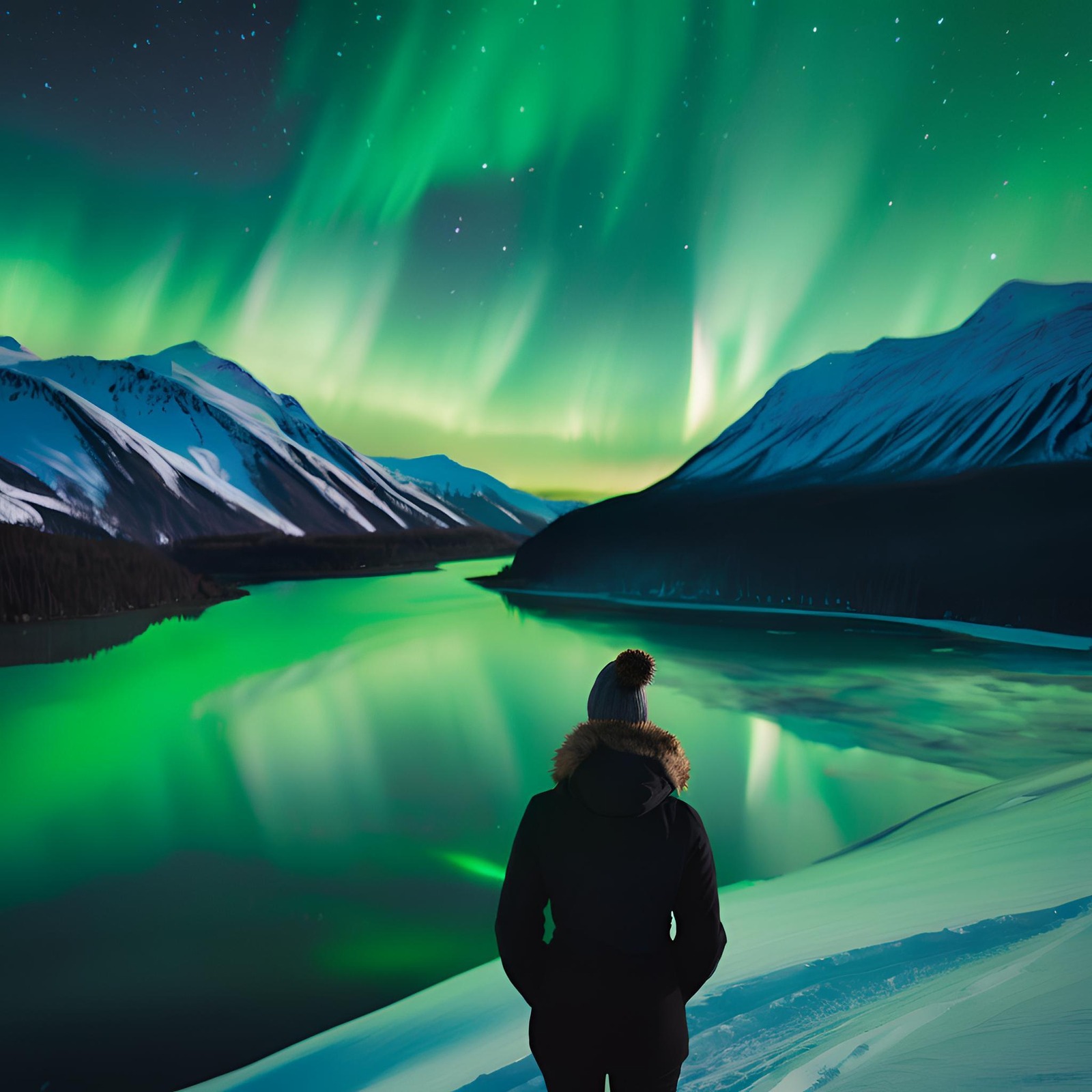 Quiet lakeside under aurora