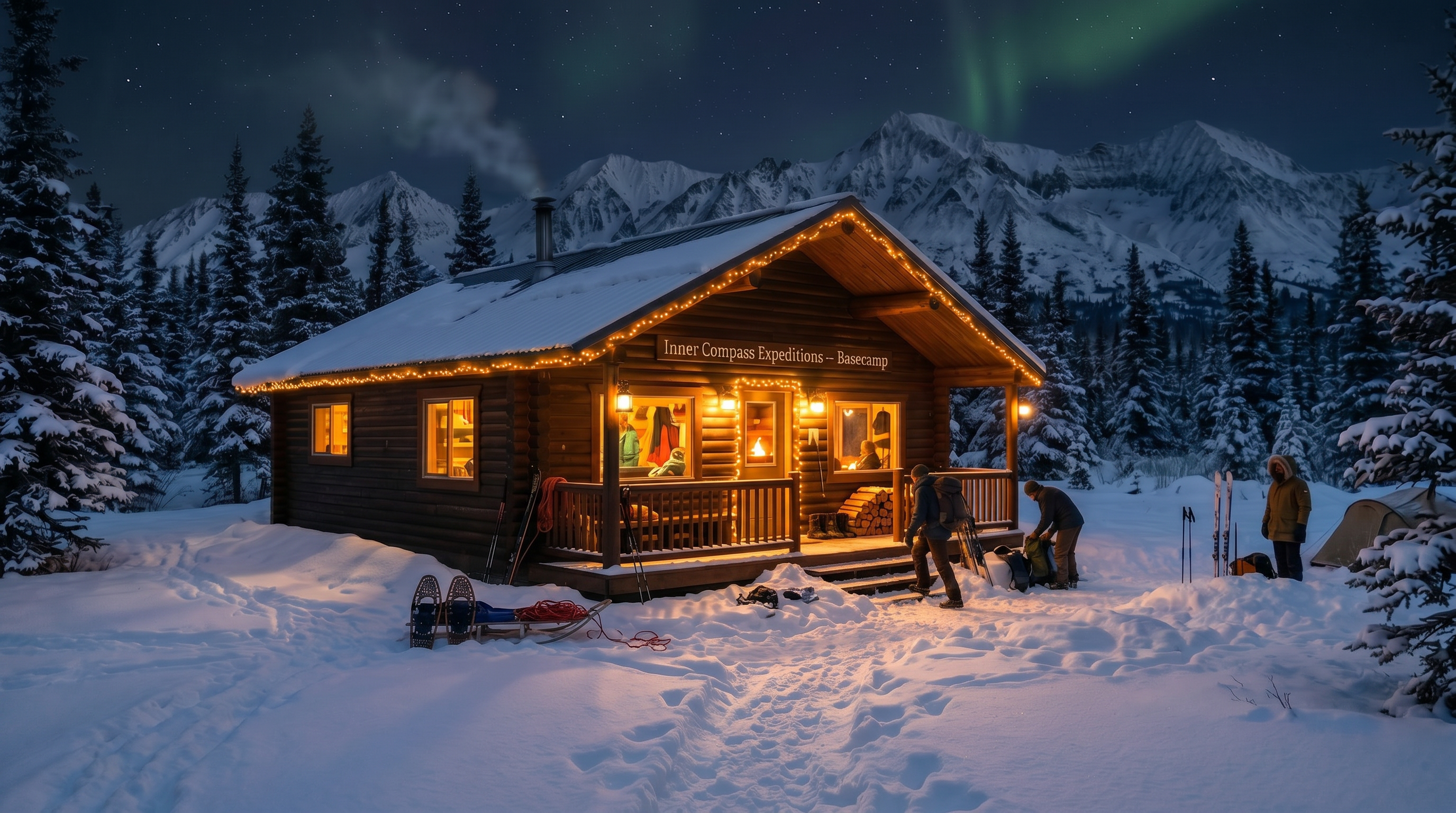 A warmly-lit log cabin under the northern lights with snowy mountains behind — the basecamp metaphor for therapy.