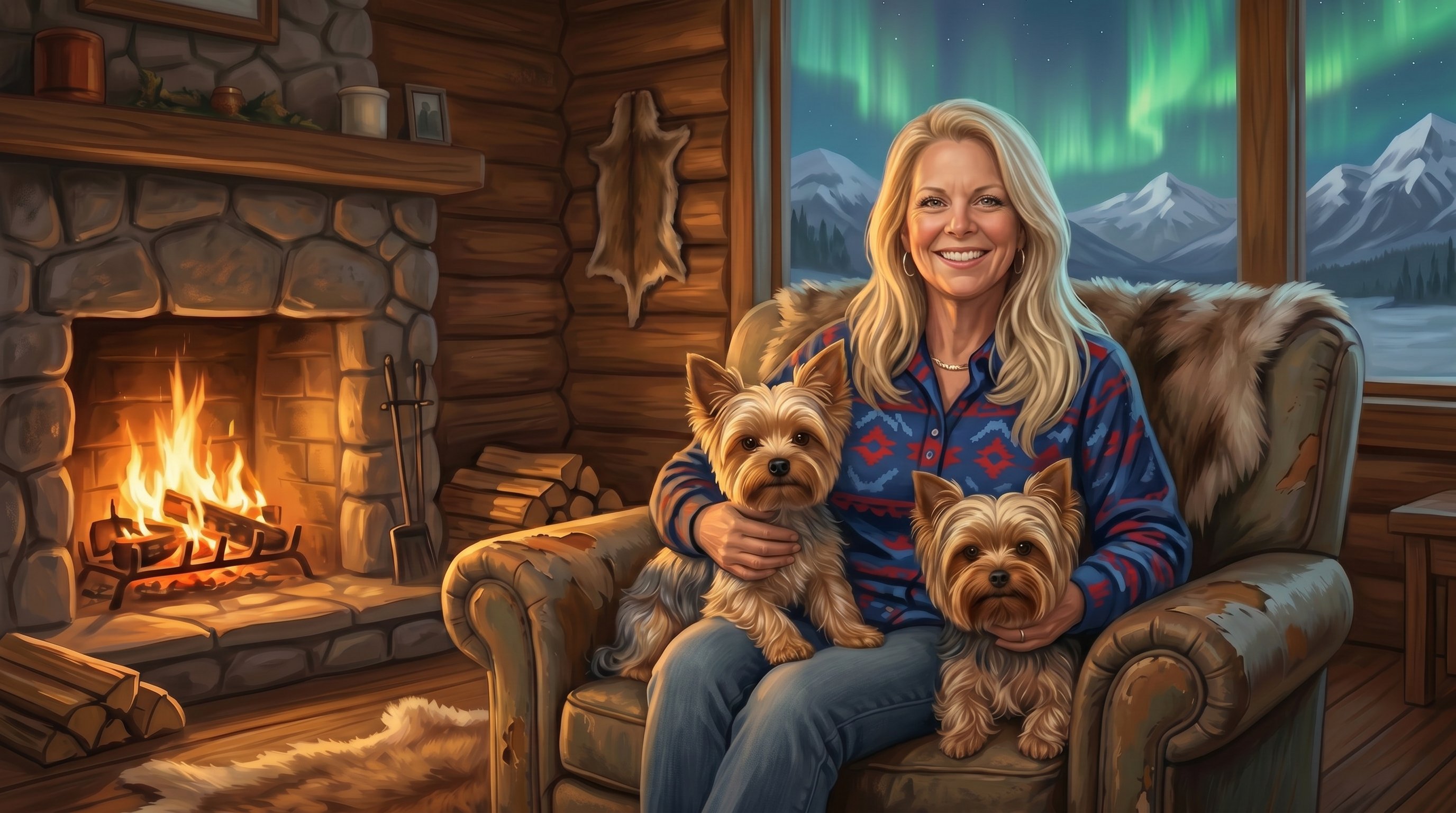 Illustration of Wendy seated by a fireplace in a log cabin, with snowy mountains and northern lights through the window — Inner Compass Expeditions Basecamp.